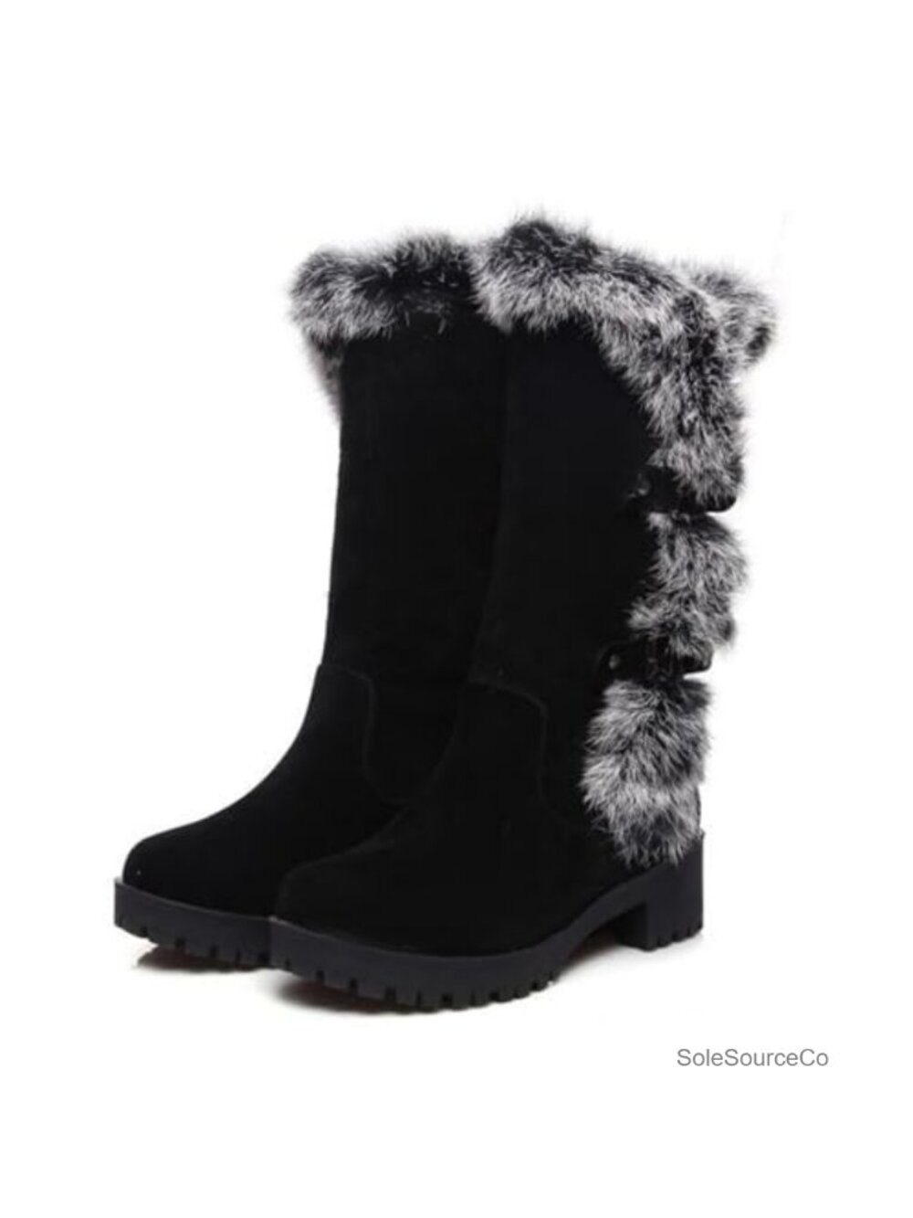 Mid-Calf Platform Hidden Wedge Boots with Rabbit Fur Collar Waterproof Stretch